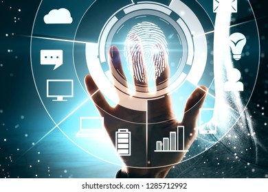Hand using digital business interface with finger print on blurry background. Biometrics and user concept. Double exposure  