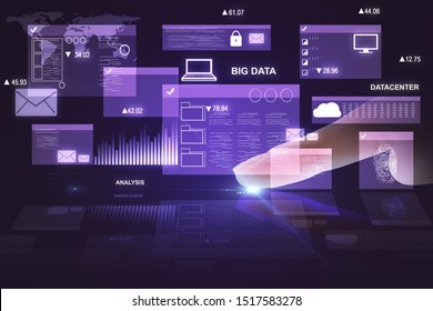 Hand using digital business interface projection. Big data and innovation concept. Double exposure 