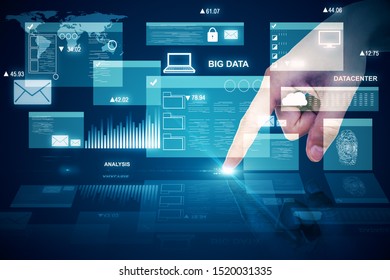 Hand using digital business interface hologram. Big data and innovation concept. Multiexposure 