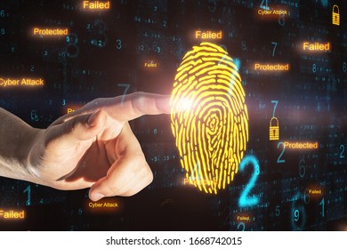 Hand using digital internet security interface and finger print. Access and technology concept. Close up