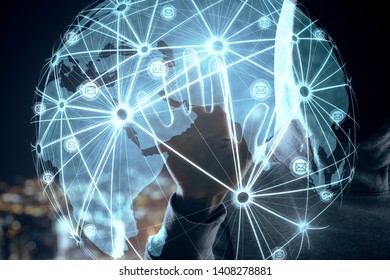 Hand using digital map interface on blurry night city background. Interactive icons and information concept. Double exposure 