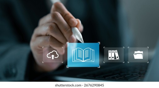 Hand using digital pen to select ebook, online library, digital reading, knowledge based management, document archive and smart learning resources. Education classroom and cloud technology concept.