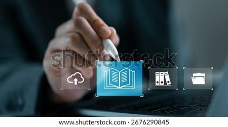 Hand using digital pen to select ebook, online library, digital reading, knowledge based management, document archive and smart learning resources. Education classroom and cloud technology concept.
