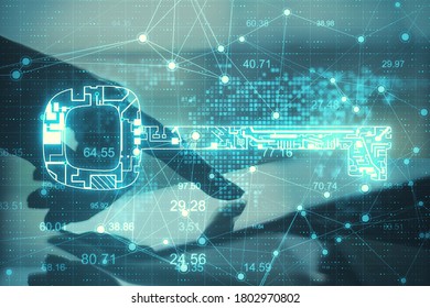 Hand using digital tablet with glowing circuit key. Business and security concept. Multiexposure