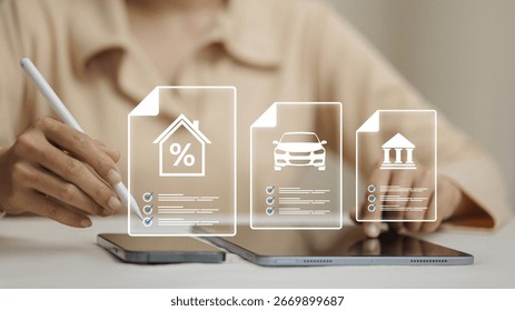 Hand using digital tablet with online loan documents, mortgage approval, car financing and banking contract, financial technology and digital lending service concept.