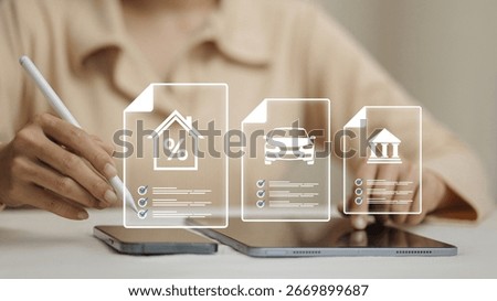 Hand using digital tablet with online loan documents, mortgage approval, car financing and banking contract, financial technology and digital lending service concept.