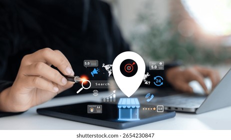 Hand using digital tablet with virtual icons of local search, business rating, customer review and online marketing, representing local SEO and digital visibility.