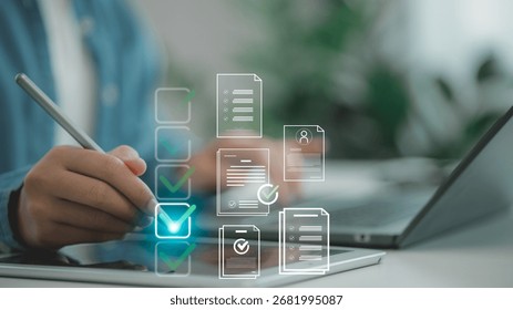 Hand using digital tablet with virtual checklist and document icons, symbolizing online approval, task management, workflow automation, electronic forms, and digital business document organization.