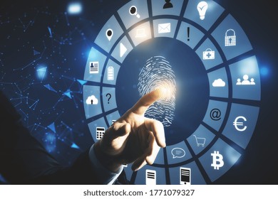 Hand using finger print interface on virtual screen. Access, password and protection concept.