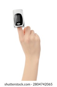 Hand using fingertip pulse oximeter on white background