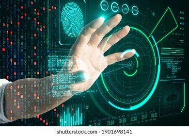 Hand using glowing digital communication and security interface on screen. Global business and communication concept.