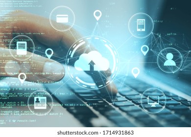 Hand Using Laptop With Online Shopping And Cloud Computing Diagram. Cloud Computing And Communication Concept.