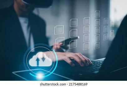 Hand using laptop with touch connect to data information on the Cloud Computing Technology Internet Storage Network Concept, big data internet technology, Cloud sharing download and upload.