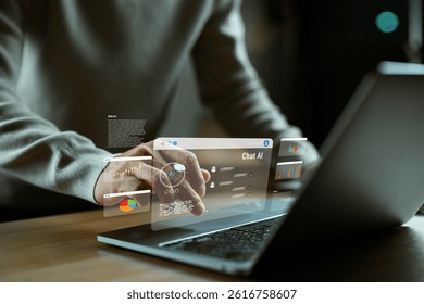 Hand using laptop with virtual chat AI interface and digital dashboard for communication, analytics, data visualization, artificial intelligence assistant, business automation, online conversation.