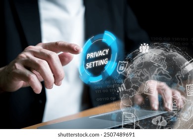 hand using laptop while choose to accept internet cookies policy or reject. Customer data privacy concept that allow web browser to collect user data to resell or use for marketing purpose.