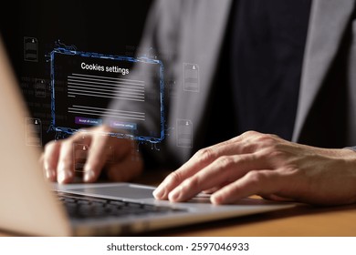 hand using laptop while choose to accept internet cookies policy or reject. Customer data privacy concept that allow web browser to collect user data to resell or use for marketing purpose