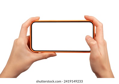 Hand using mobile phone display, smartphone screen mockup, cellphone isolated on white - Powered by Shutterstock