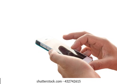 Hand Using Mobile Phone On White Background