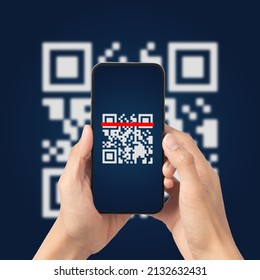 Hand Using Mobile Smart Phone Scan Qr Code. Barcode Reader, Qr Code Payment, Cashless Technology, Digital Money Concept.