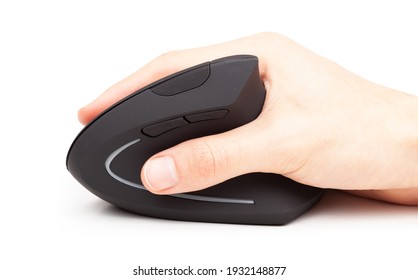 Hand using a modern ergonomic wireless computer mouse, holding and moving a desktop pc vertical fin mouse design for preventing wrist pain, strain concept. Object isolated on white, cut out, side view