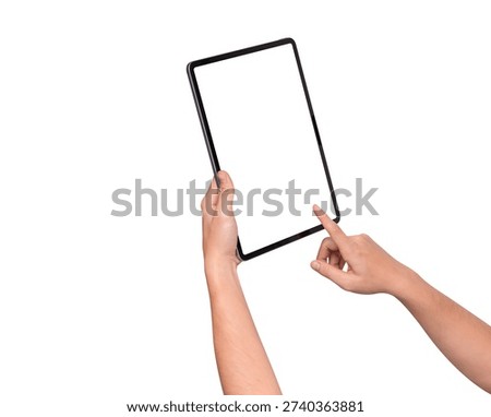 Hand using modern tablet mockup with blank screen isolated on white background. Tablet PC with empty display for copy space. 