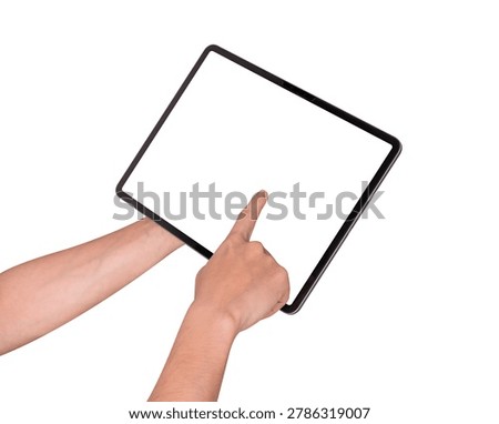 Hand using modern tablet mockup with blank screen isolated on white background. Tablet PC with empty display for copy space. 