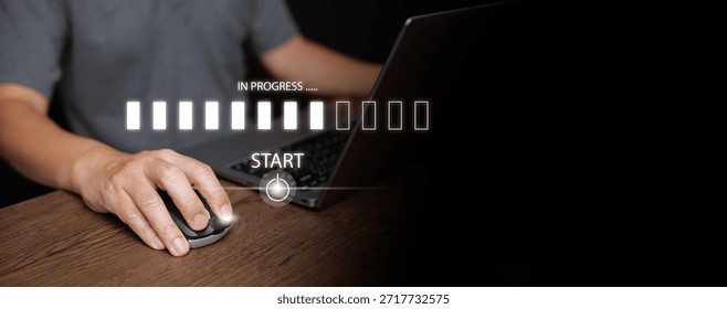 Hand using mouse and laptop with digital start button and progress bar in progress. System loading, workflow execution, task initialization, business project management, improvement, startup process