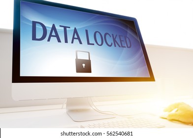 Hand using mouse and select on the virtual display:Data Locked- Information, connection, communication, and technology security concept