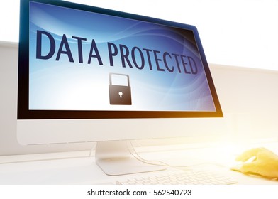 Hand using mouse and select on the virtual display: Data Protected- Information, connection, communication, and technology security concept