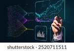 Hand using a pen to interact with digital financial charts and algorithmic lines on a dark background. Concept of fintech and automated trading interface