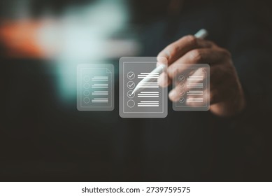 Hand using a pen to interact with digital checklist icons representing task and productivity management.