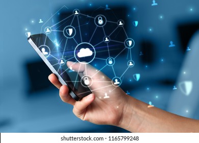 Hand Using Phone With Centralized Cloud Computing System And Network Security Concept