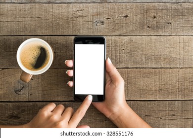 hand using phone white screen on top view - Shutterstock ID 328551176