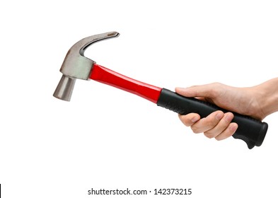  A Hand Using A Red Hammer On The White Background