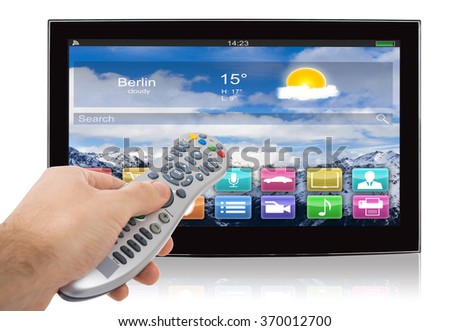 Hand using remote control of smart flat screen television against white background