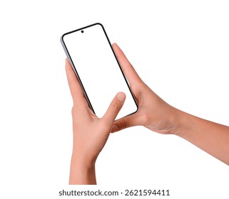 Hand using smartphone with blank screen isolated on white background. Premium high quality studio shot. Concept for technology, business, finance and advertising.