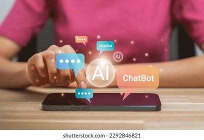 Hand using smartphone and chatting with chatbot application, shows message speech bubbles digital screen of social media notifications. Ai (Artificial Intelligence) technology concept. - Powered by Shutterstock