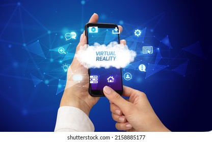 Hand using smartphone with cloud technology concept