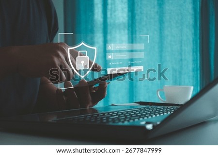 Hand using smartphone with login screen and security lock icon, symbolizing cybersecurity, data protection, online privacy, authentication, secure access for digital business and internet technology.
