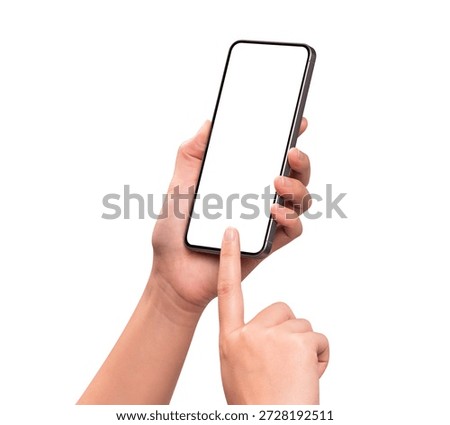 Hand using smartphone mockup with blank white screen isolated on white background. Mobile phone with empty display for copy space.