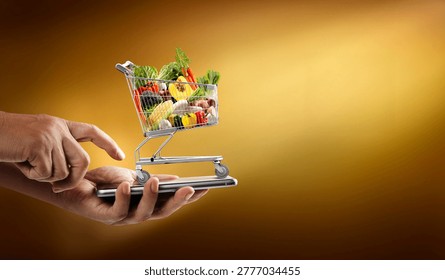 A hand using a smartphone to pay for a supermarket cart full of fresh vegetables, connected to an online payment system, digital shopping, convenience, and modern cashless transactions.