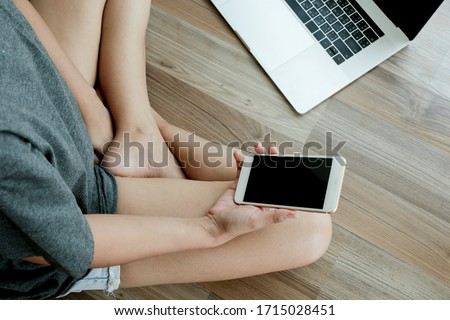 hand using smartphone, hand using phone on top view, Woman working at computer hands close up