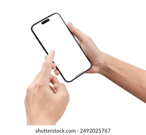 Hand using smartphone and pointing at blank white screen isolated on white background. Business, finance and technology concept. Premium high quality images.