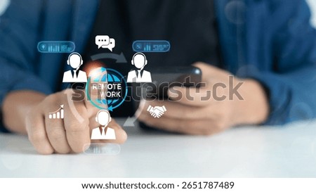 Hand using smartphone with remote work and digital collaboration icons, online communication technology for virtual teamwork and business connection.