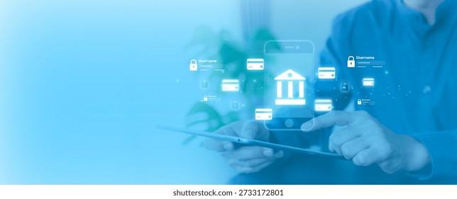 Hand using a smartphone for secure mobile banking app for digital wallet payment easy and fast money transfer