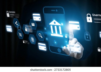 Hand using a smartphone for secure mobile banking app for digital wallet payment easy and fast money transfer