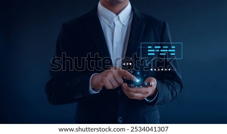 Hand using smartphone typing Live chat chatting and social network concepts, chatting conversation working at home in chat box icons pop up. Social media marketing technology concept.