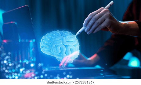 Hand using stylus to interact with glowing holographic brain model, representing neuroscience research and technological innovation. Concept of medicine, futurism, advanced technology, science, health
