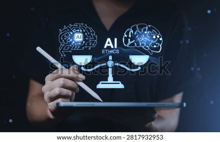 Hand using stylus on tablet with glowing AI ethics balance, line art symbols on dark background, concept of responsible technology