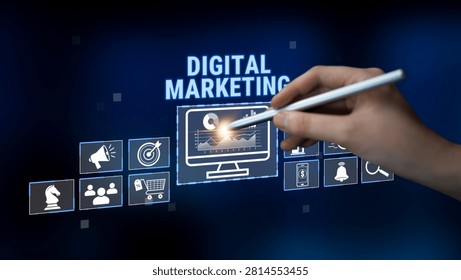 Hand Using Stylus on Touchscreen Display with Digital Marketing Symbols and Graphs Representing Online Business Growth and Strategy Concepts Quark.